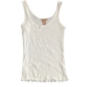 Y2K Twenty-One White Ribbed Tank Top Cami Sequined Lettuce Hem MEDIUM Junior